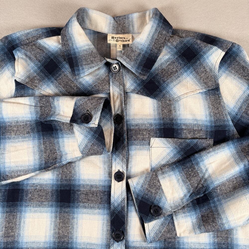 Hester & Orchard Women's XL Blue White Plaid Flannel Western Shirt
